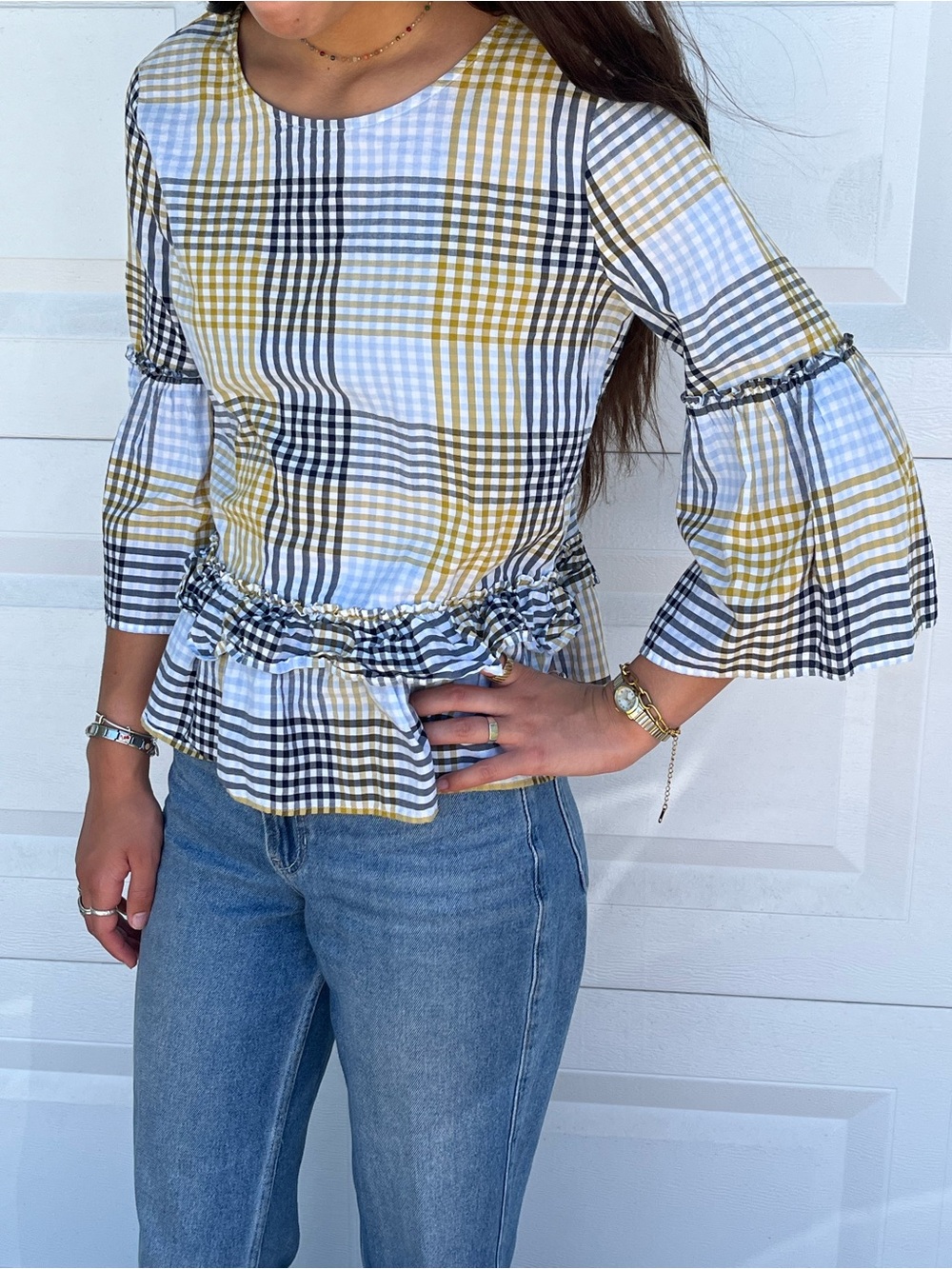 Ann Taylor Plaid Ruffle Peplum Top in mustard & mixed Blue plaid w/white.Size XS